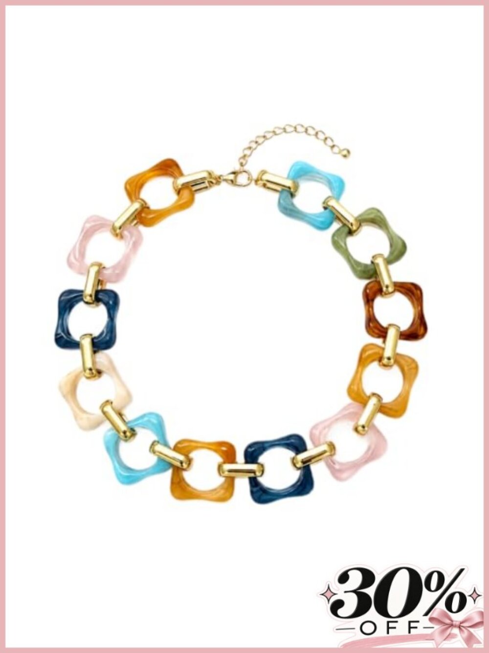 Boho Chunky Resin Square Link Chain Choker Necklace Gold Tone